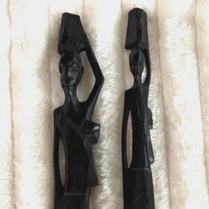 Hand Carved Ebony Wood African Women & Baby Statue Figures